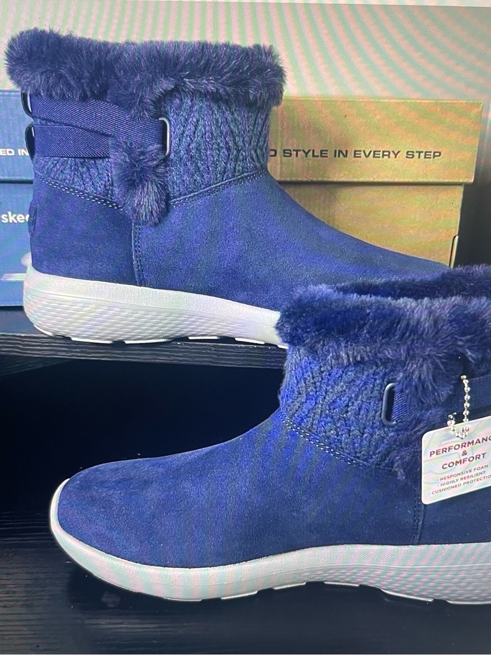 Women's On The Go Sketchers Fur-Trim Slip-On Ankle Boots in Deep Blue Sz 8.5